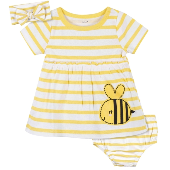 Gerber Other - 3-Piece Baby & Toddler Girls Bee Garden Dress, Diaper Cover & Headband Set 12 Mo